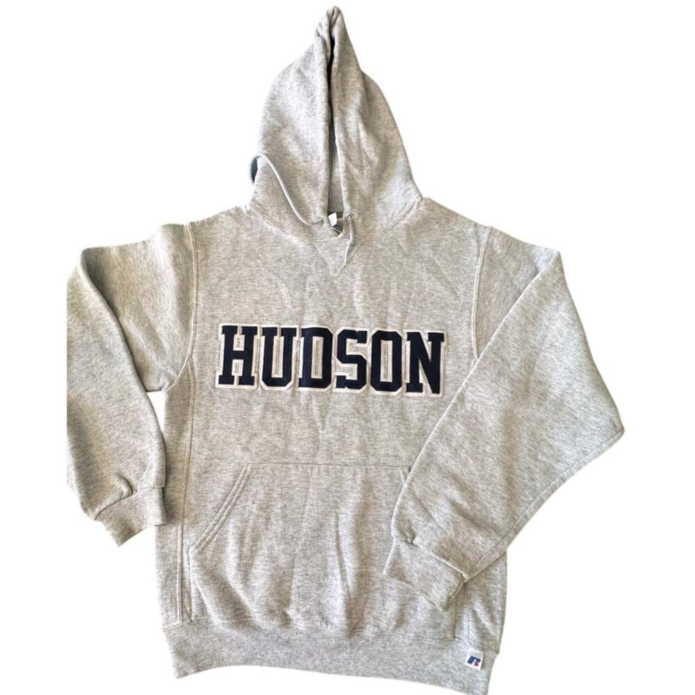 Vintage "Russell Athletic" Hudson Spellout Hoodie Heather Grey Small 90s Y2K